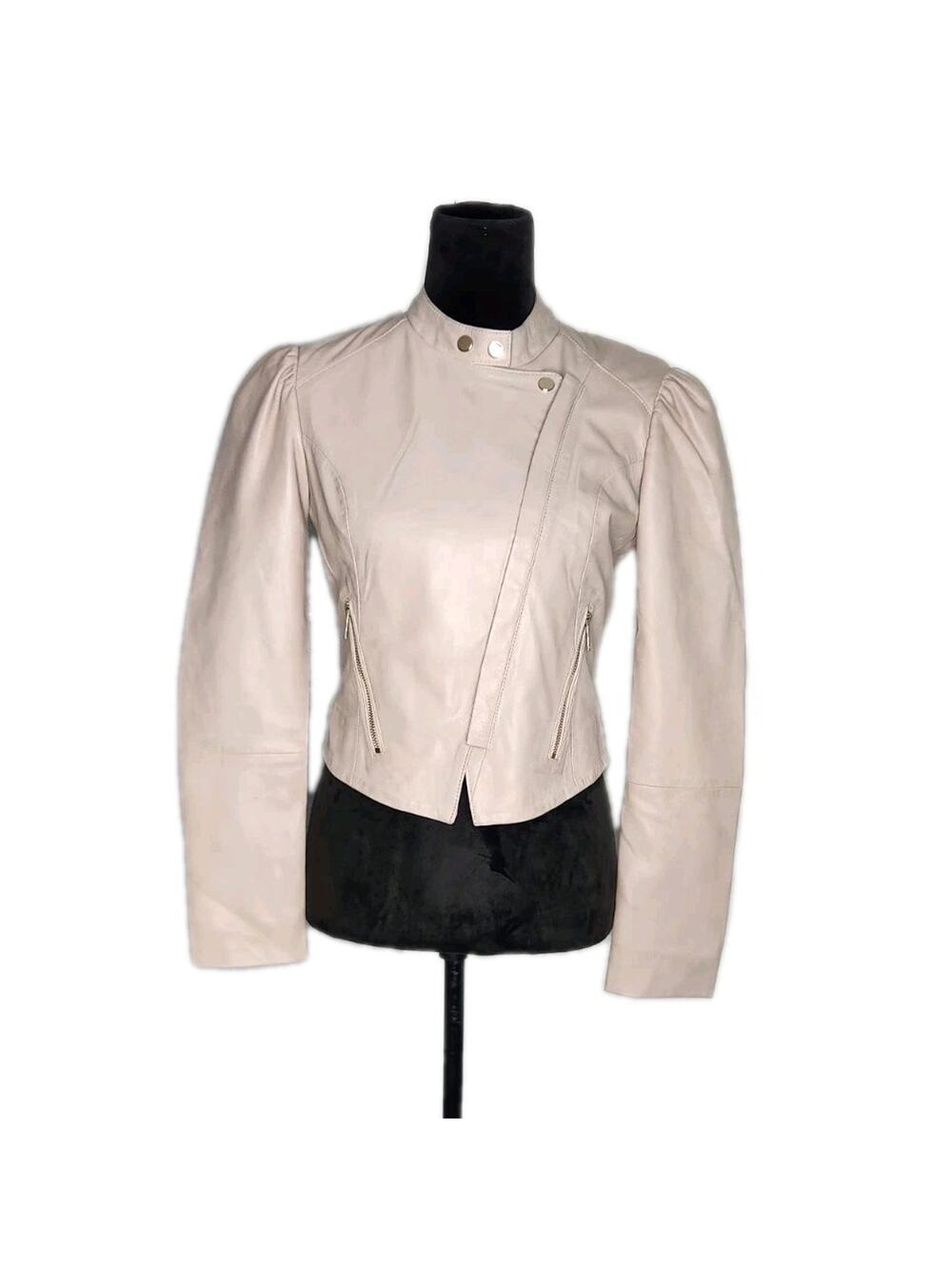 Bod & Christensen Cream Cropped Leather Moto Jacket Puff Shoulder Soft Size XS